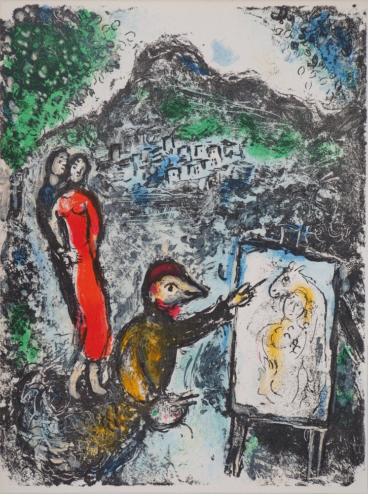 Marc Chagall, Couple and Artist in Front of Saint Jeannet, 1972, Original Lithograph