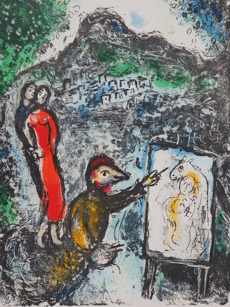 Marc Chagall, Couple and Artist in Front of Saint Jeannet, 1972, Original Lithograph