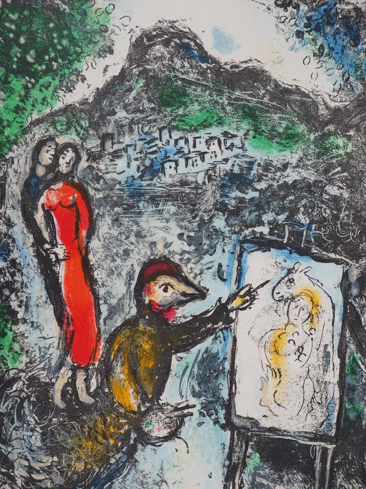 Marc Chagall, Couple and Artist in Front of Saint Jeannet, 1972, Original Lithograph