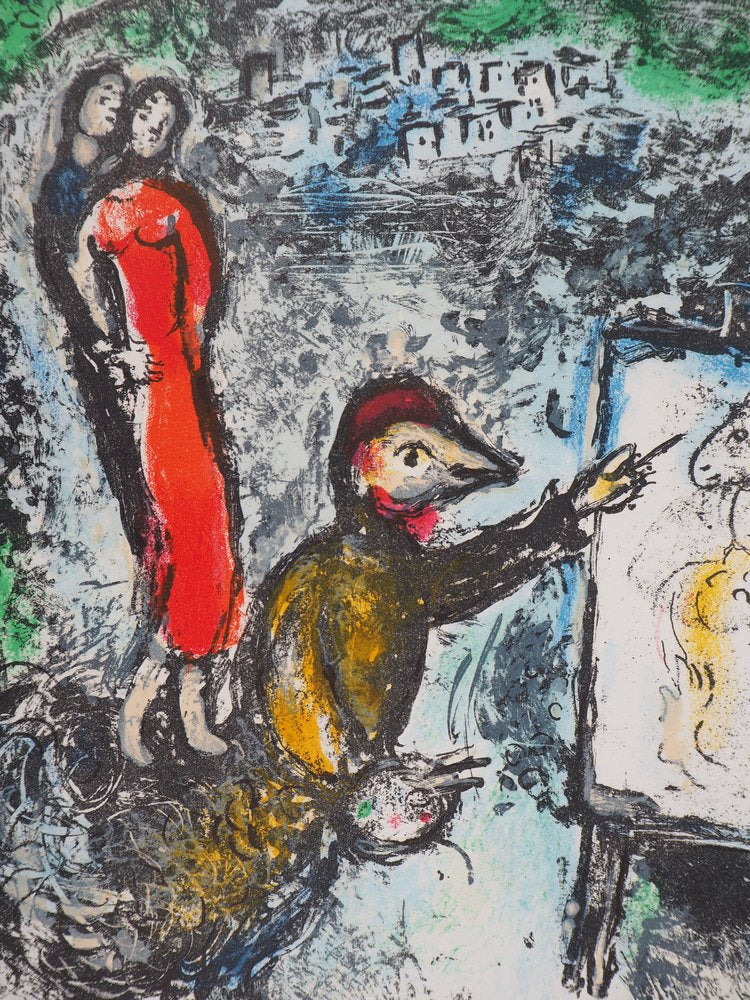 Marc Chagall, Couple and Artist in Front of Saint Jeannet, 1972, Original Lithograph