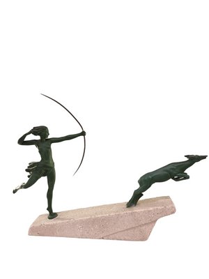 Marcel Bouraine / Demarco, Art Deco Hunting Atlanta or Diana Figure with Antelope, 1920s, Metal on Stone Base-SAK-1820011