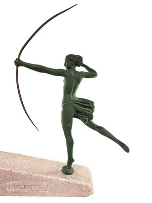 Marcel Bouraine / Demarco, Art Deco Hunting Atlanta or Diana Figure with Antelope, 1920s, Metal on Stone Base-SAK-1820011