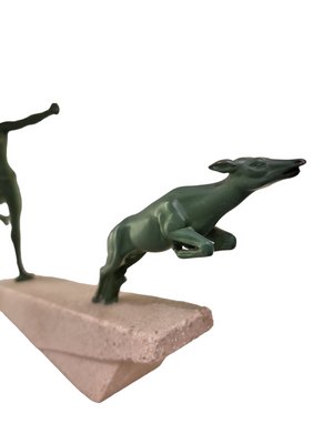 Marcel Bouraine / Demarco, Art Deco Hunting Atlanta or Diana Figure with Antelope, 1920s, Metal on Stone Base-SAK-1820011