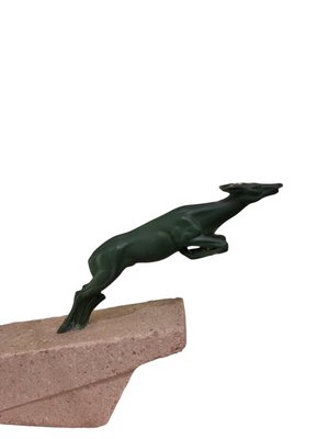 Marcel Bouraine / Demarco, Art Deco Hunting Atlanta or Diana Figure with Antelope, 1920s, Metal on Stone Base-SAK-1820011