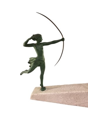 Marcel Bouraine / Demarco, Art Deco Hunting Atlanta or Diana Figure with Antelope, 1920s, Metal on Stone Base-SAK-1820011