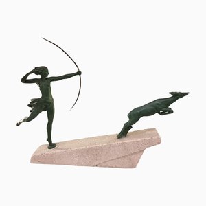 Marcel Bouraine / Demarco, Art Deco Hunting Atlanta or Diana Figure with Antelope, 1920s, Metal on Stone Base-SAK-1820011