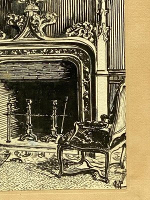 Marcel Chanargue, Interior with Fireplace, Ink Drawing-QKG-1356627