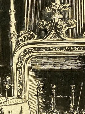 Marcel Chanargue, Interior with Fireplace, Ink Drawing-QKG-1356627