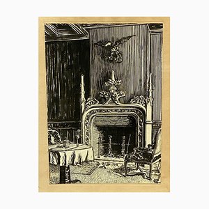 Marcel Chanargue, Interior with Fireplace, Ink Drawing-QKG-1356627