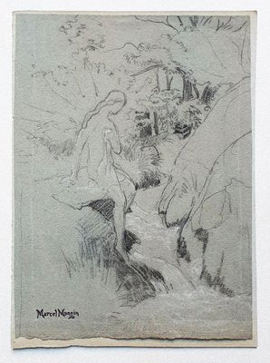 Marcel Mangin 1, Girl in the Woods, Drawing in Pencil on Paper, 20th Century-ZCI-1760480