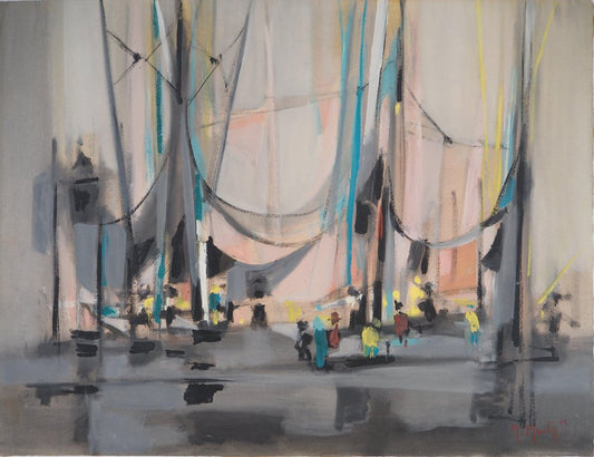 Marcel Mouly, Sailboats in the Early Morning, 1955, Original Watercolour