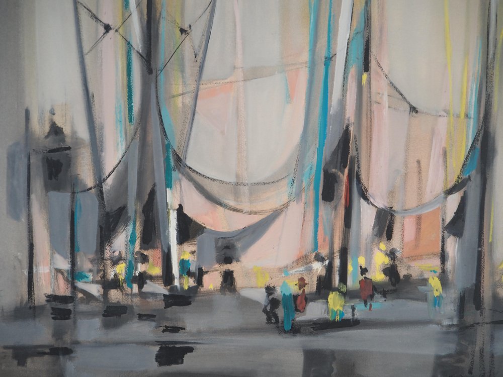 Marcel Mouly, Sailboats in the Early Morning, 1955, Original Watercolour