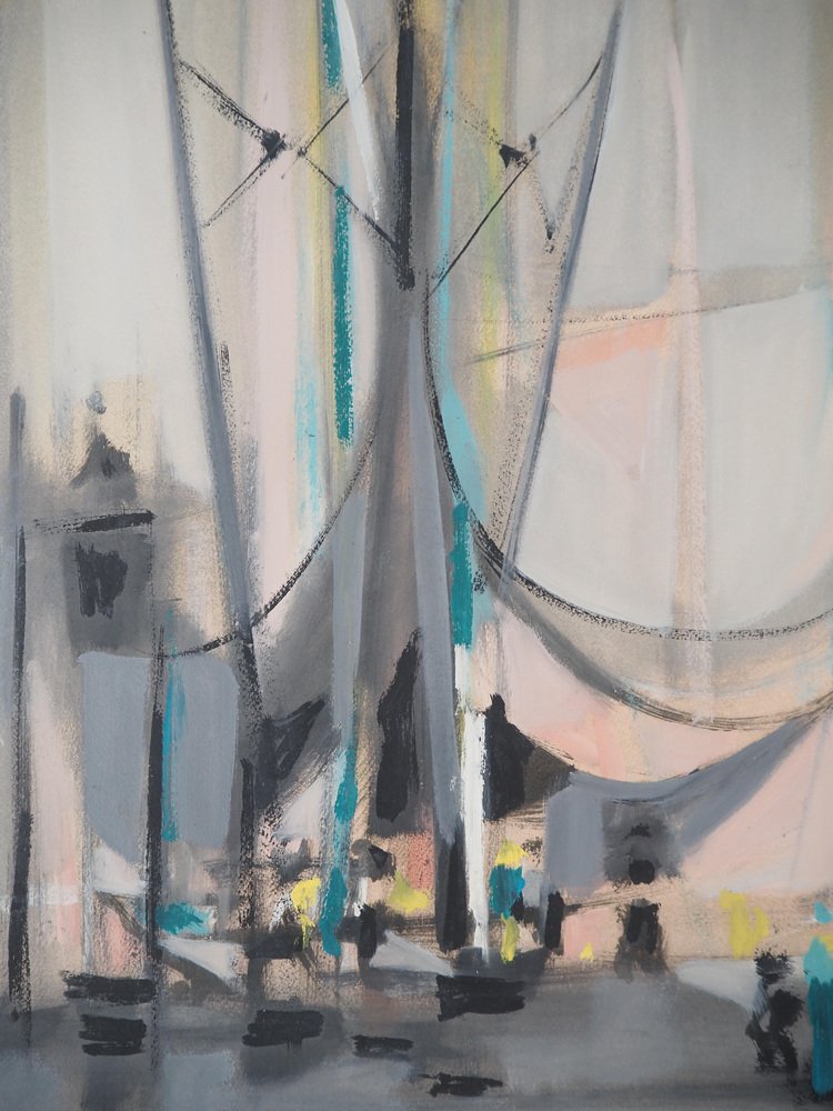 Marcel Mouly, Sailboats in the Early Morning, 1955, Original Watercolour