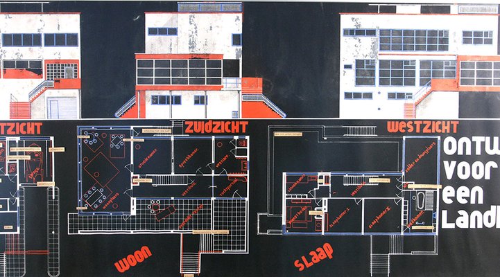 Marcel Seger, Art Deco Bauhaus Villa Blueprint and Drawing, 1932, Charcoal & Pastel on Paper, Set of 2-GUT-2034595