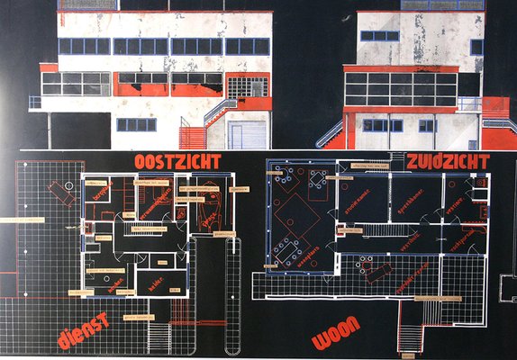 Marcel Seger, Art Deco Bauhaus Villa Blueprint and Drawing, 1932, Charcoal & Pastel on Paper, Set of 2-GUT-2034595