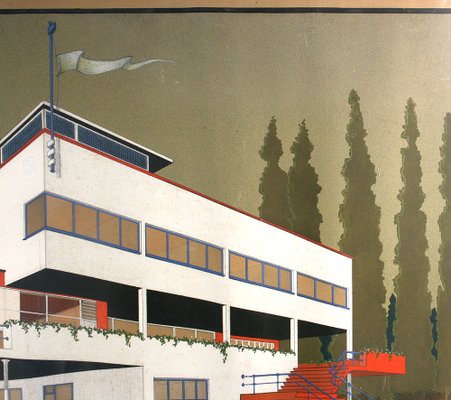 Marcel Seger, Art Deco Bauhaus Villa Blueprint and Drawing, 1932, Charcoal & Pastel on Paper, Set of 2-GUT-2034595