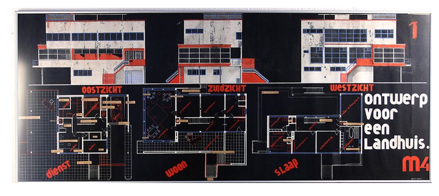 Marcel Seger, Art Deco Bauhaus Villa Blueprint and Drawing, 1932, Charcoal & Pastel on Paper, Set of 2-GUT-2034595