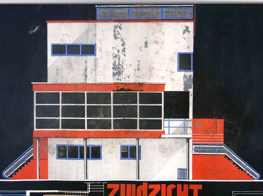 Marcel Seger, Art Deco Bauhaus Villa Blueprint and Drawing, 1932, Charcoal & Pastel on Paper, Set of 2-GUT-2034595