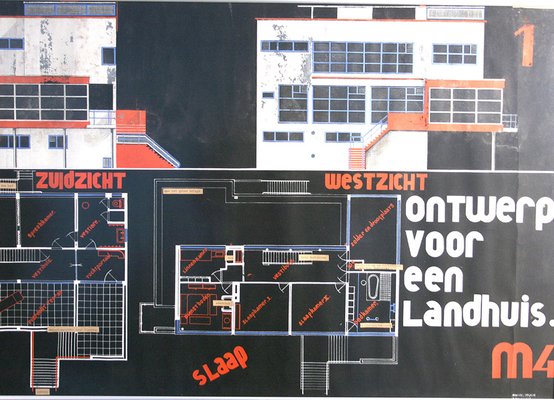 Marcel Seger, Art Deco Bauhaus Villa Blueprint and Drawing, 1932, Charcoal & Pastel on Paper, Set of 2-GUT-2034595