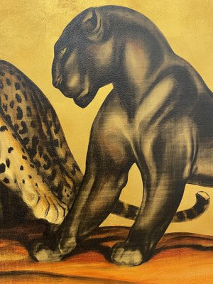 Margat, Exceptional Lacquer on a Gold Background Depicting Two Felines, France, 1942, Lacquer-YXM-1785208