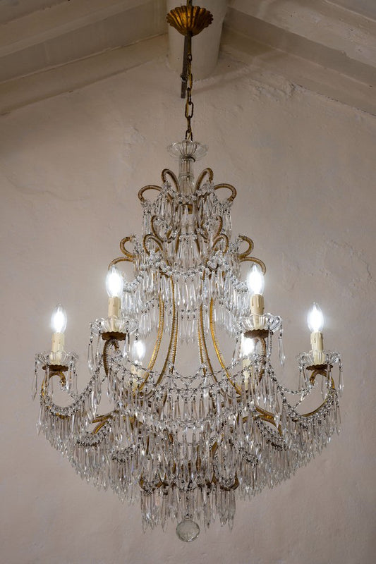 Maria Teresa Chandelier with 6 Lights in Gilt Iron and Pendant Drops, 1950s