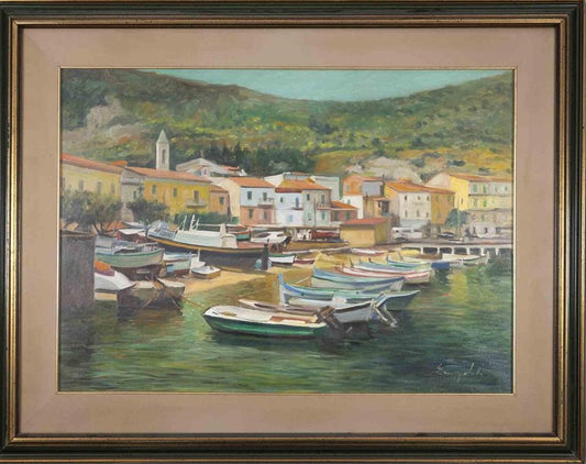 Mario Evangelisti, Summer Italian Harbor, Oil on Canvas, 1973, Framed