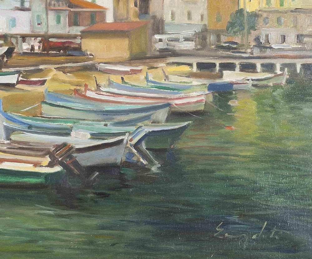 Mario Evangelisti, Summer Italian Harbor, Oil on Canvas, 1973, Framed