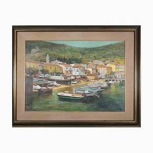 Mario Evangelisti, Summer Italian Harbor, Oil on Canvas, 1973, Framed-ZCI-1762120