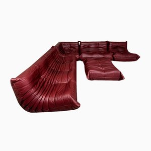 Maroon Leather Togo Sofa Set by Michel Ducaroy for Ligne Roset, Set of 5-LRD-1697657