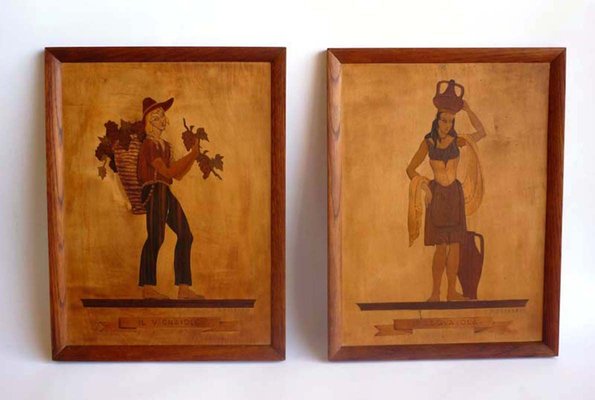 Marquetry Inlaid Works by Pietro Francesco, 1930s, Set of 2-GKB-841253