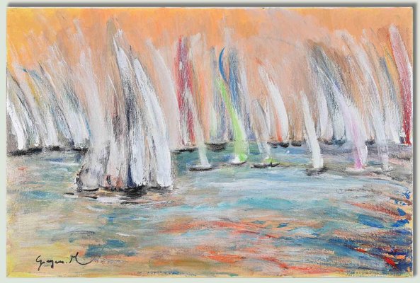 Martine Goeyens, Race on Orange Background, Oil Painting, 2020s-ZCI-1762311