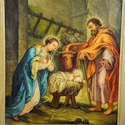 Mary and Joseph in the Barn of Bethlehem, Oil on Canvas, Framed-KJP-1149161