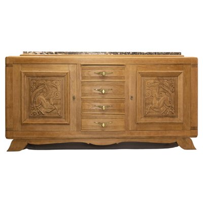 Massive French Antelopes Credenza in Oak with Marble Top, 1940-RIU-1427416