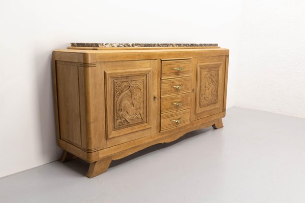 Massive French Antelopes Credenza in Oak with Marble Top, 1940-RIU-1427416