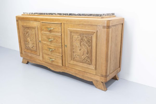 Massive French Antelopes Credenza in Oak with Marble Top, 1940-RIU-1427416