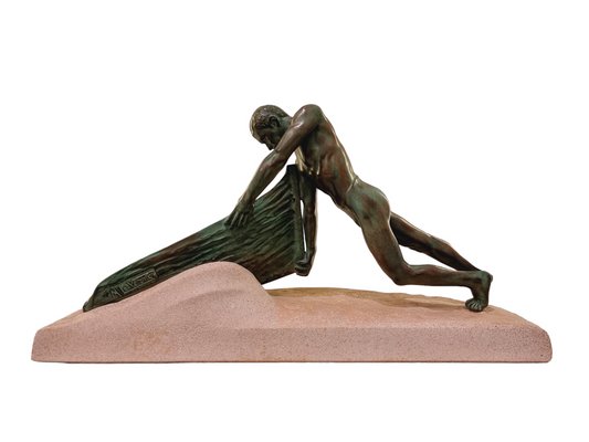 Max Le Verrier, Art Deco Nude Male Figure Pushing a Boat, 1930s, Metal-SAK-1811349