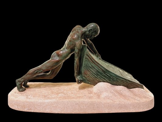 Max Le Verrier, Art Deco Nude Male Figure Pushing a Boat, 1930s, Metal-SAK-1811349