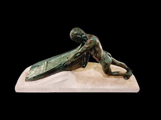 Max Le Verrier, Art Deco Nude Male Figure Pushing a Boat, 1930s, Metal-SAK-1811349