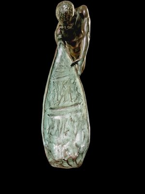 Max Le Verrier, Art Deco Nude Male Figure Pushing a Boat, 1930s, Metal-SAK-1811349