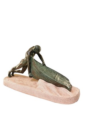 Max Le Verrier, Art Deco Nude Male Figure Pushing a Boat, 1930s, Metal-SAK-1811349