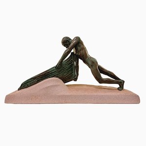 Max Le Verrier, Art Deco Nude Male Figure Pushing a Boat, 1930s, Metal-SAK-1811349