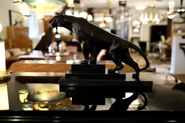 Max Le Verrier, Art Deco Style Black Panther Sculpture, 2020s, Spelter & Marble-QGS-1664437