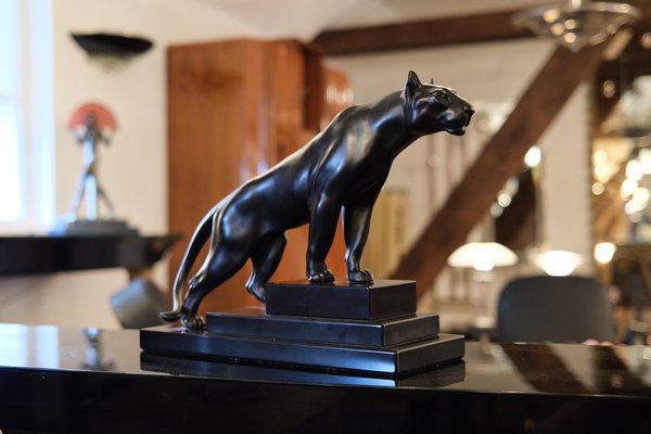 Max Le Verrier, Art Deco Style Black Panther Sculpture, 2020s, Spelter & Marble-QGS-1664437