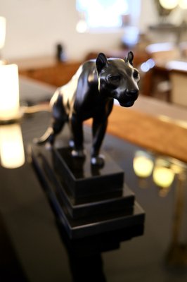 Max Le Verrier, Art Deco Style Black Panther Sculpture, 2020s, Spelter & Marble-QGS-1664437