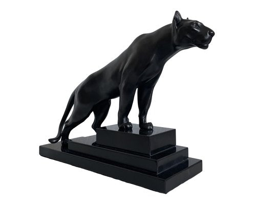 Max Le Verrier, Art Deco Style Black Panther Sculpture, 2020s, Spelter & Marble-QGS-1664437