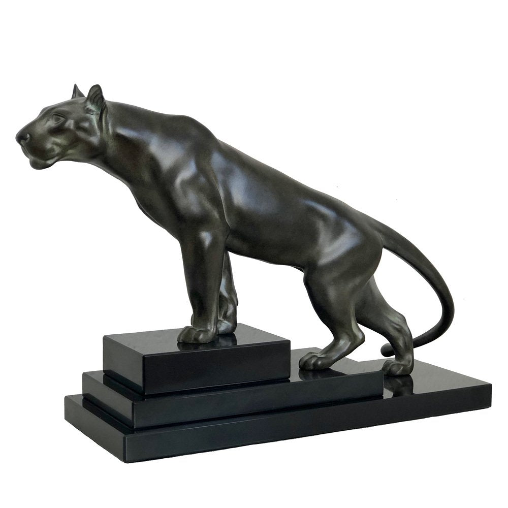 Max Le Verrier, Art Deco Style Jungle Panther Sculpture, 2020s, Spelter & Marble