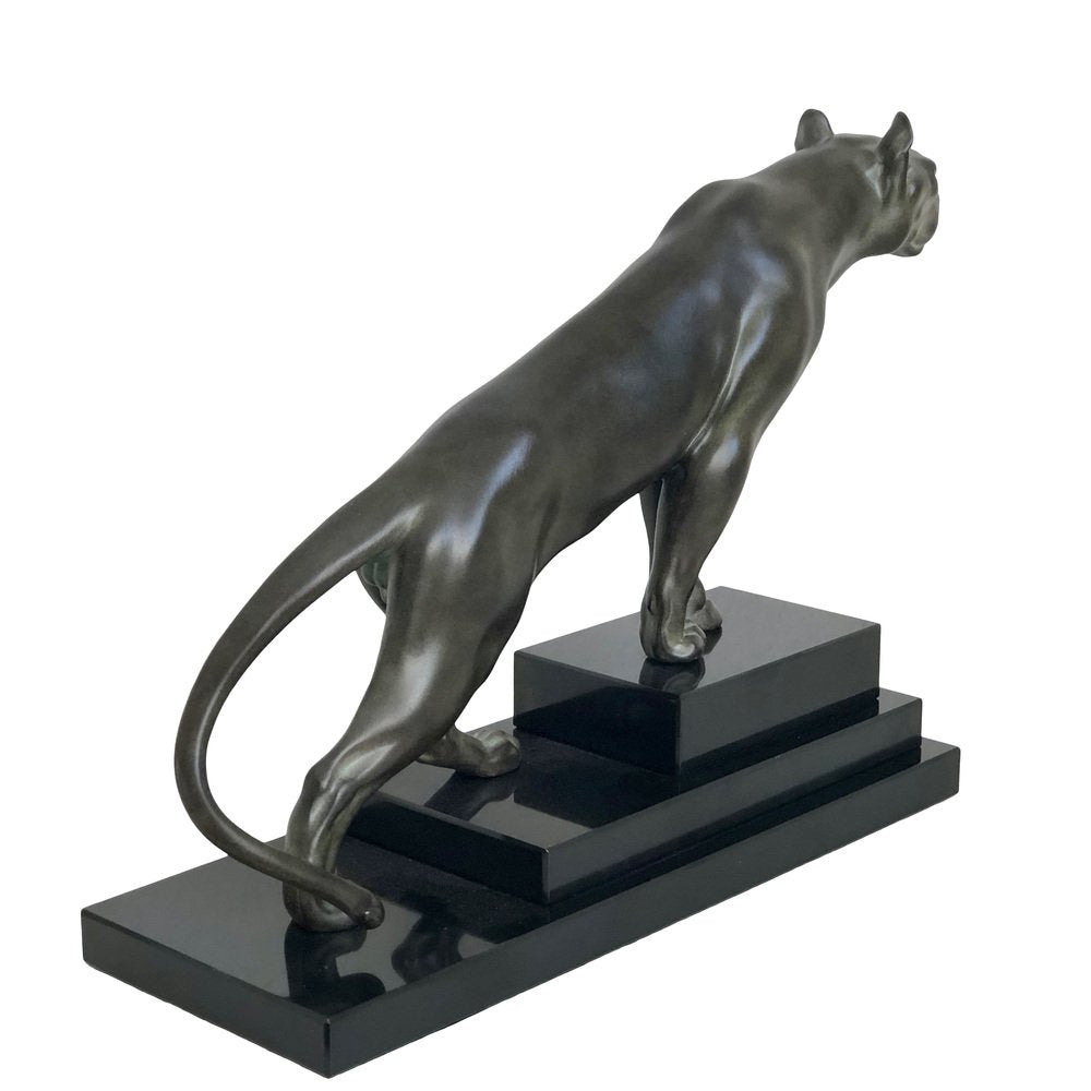 Max Le Verrier, Art Deco Style Jungle Panther Sculpture, 2020s, Spelter & Marble