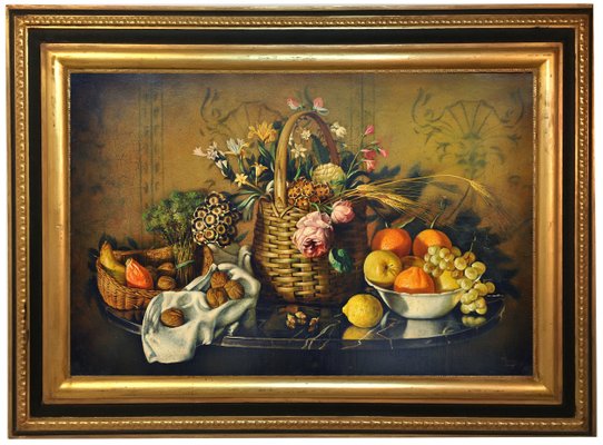 Maximilian Ciccone, Italian Still Life of Flowers & Fruit, Oil on Canvas, Framed-YUW-1298523