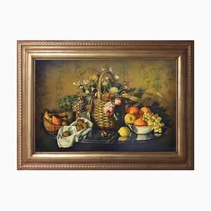 Maximilian Ciccone, Italian Still Life of Flowers & Fruit, Oil on Canvas, Framed-YUW-1298523