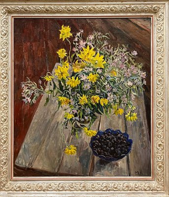 Maya Kopitzeva, Flowers and Blueberries, 2000s, Oil on Canvas, Framed-QUE-1358677